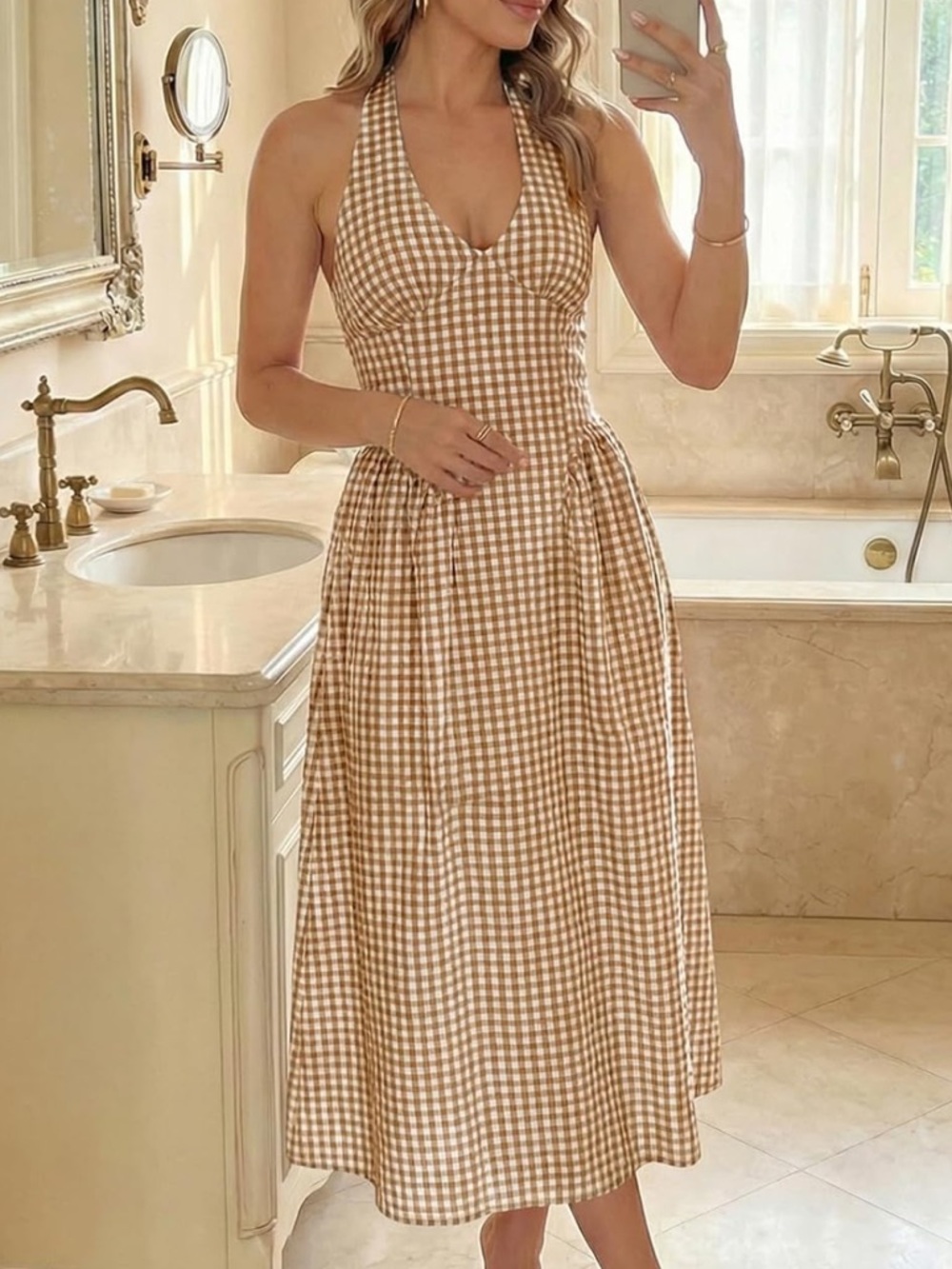 Beige Gingham A-Line Dress